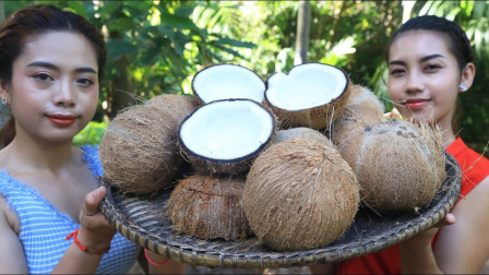 光椰子怎么吃 柬埔寨农村妹子拿来一筐椰子 看她怎么吃的