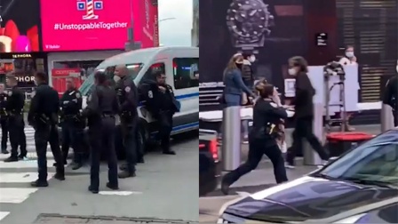 纽约时代广场发生枪击案致3伤 女警员抱着受伤儿童奔向救护车