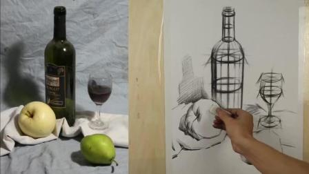 素描静物头像教程视频 玻璃瓶设计素描构图