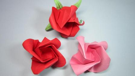 儿童手工折纸玫瑰花, 简单漂亮的玫瑰花折法只需要一张纸