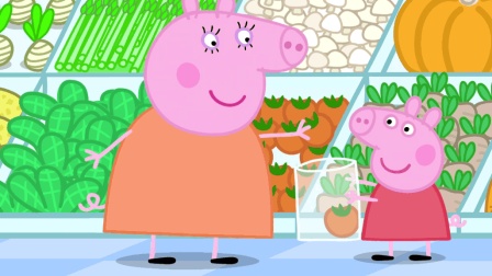 猪妈妈带着小猪佩奇去超市, 他们要采购水果和蔬菜啦