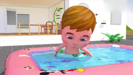 益智动画英语早教, 3D小宝贝和绿兔在游泳池里玩耍, 小猴子来捣乱