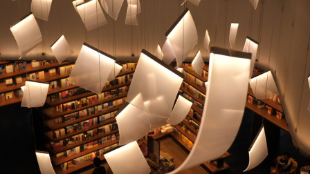 头上是纸页飘落, 面前书柜以灯光为界, 西安这家书店只能用美形容