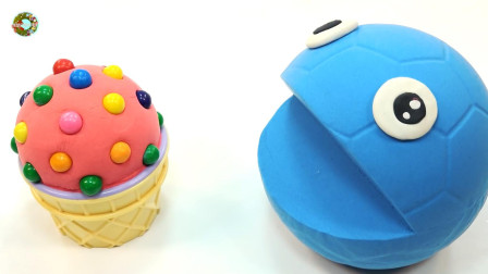 橡皮泥玩具，用动感沙泥制作冰淇淋糕点喂养游戏