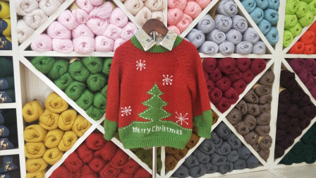 圣诞惊喜树撞色设计雪花飘儿童套头毛衣【向往】3袖花样