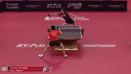 比赛剪辑32进16 梁靖崑 vs 郑荣植（韩国）2019卡塔尔乒乓球公开赛