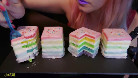 吃播小女神：吃播4个彩虹迷你法式蛋糕，发出馋人的咀嚼声！