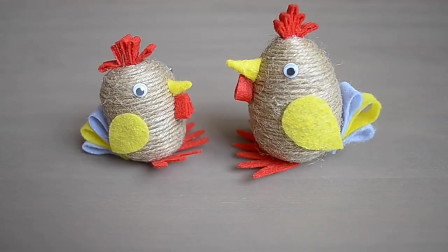 教你用鸡蛋壳与麻绳一起DIY有趣的小鸡仔模型，小手工！