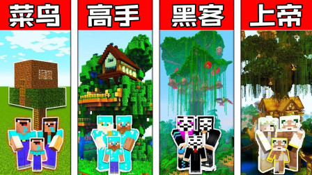 我的世界菜鸟vs高手vs黑客vs上帝：Minecraft中的家谱屋建造挑战