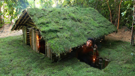 原始技术，小伙野外建造地下竹屋，喜欢的可以自己动手盖一个