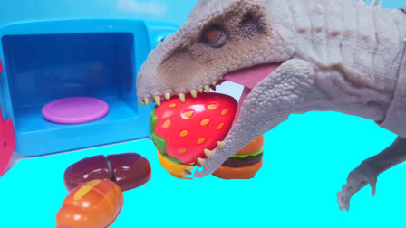 恐龙吃草莓巧克力面包和汉堡包