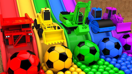 超有趣！挖掘机、推土车、工程车踢足球，2分钟认识5种颜色！儿童玩具游戏故事