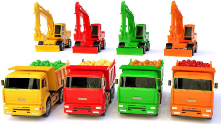 超神奇！挖掘机给卡车装满了足球，最后把足球染上5种颜色！儿童玩具游戏故事