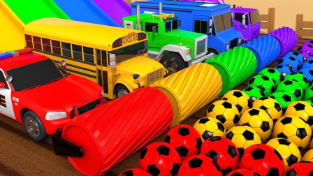 超炫酷！工程车、警车、巴士收集5种颜色足球，竟把路修好了！儿童玩具游戏故事