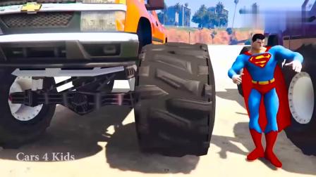 GTA5：漫威蜘蛛侠，超人和米老鼠在游乐园玩七彩大脚车停车竞技