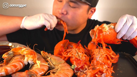 韩国大胃王胖哥，吃两种大虾，满满一大桌太奢侈了