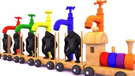 木质小火车运输香蕉和苹果，帮黑猩猩变色，认识颜色，英语早教动画