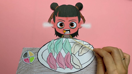 手绘定格动画：哪吒吃饺子蘸辣椒蘸芥末，表情超搞笑的