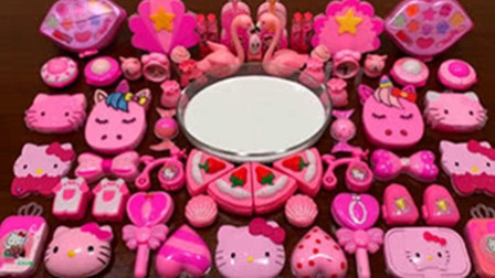 粉色凯蒂猫彩泥+草莓蛋糕泥+蝴蝶结珍珠泥+化妆品，史莱姆制作