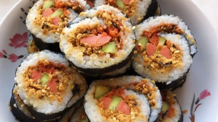 馋寿司了吗？教你在家做海苔肉松寿司，晶莹软润，孩子一个人能吃一盘