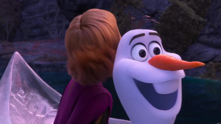 冰雪奇缘:安娜和雪宝来到石头巨人睡觉休息的地方,两人冲下瀑布