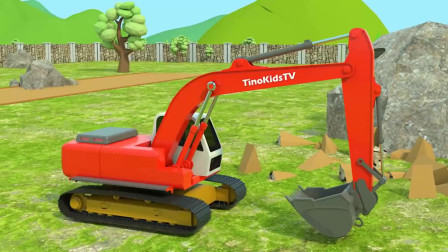 挖掘机儿童动画视频 挖掘机工作表演和作业完毕后清洗