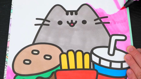 小范亲子简笔画 点餐的小猫咪卡通简笔画涂色游戏