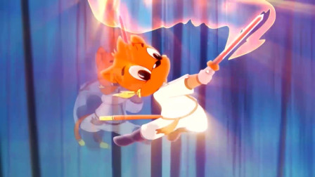 虹猫和黑小虎对决,使出火舞旋风剑法,把黑小虎打伤