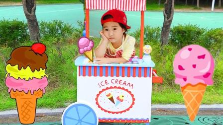 美国儿童时尚，小萝莉在公园里卖冰淇淋，叔叔都过来买不同颜色的蛋糕