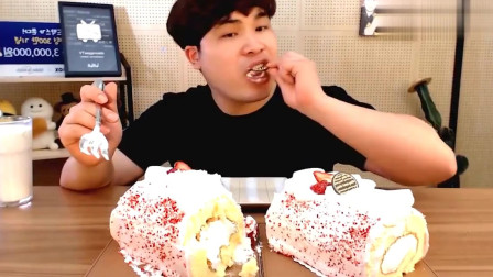 大块大块的奶油草莓蛋糕，甜蜜感爆棚的韩国小哥！