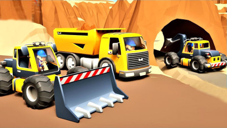 挖掘机动画片 堆土机隧道施工和车辆工作建设 工程车施工模拟
