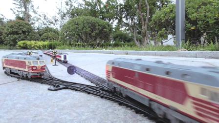 大场景蜿蜒曲折轨道客运专列倒车，分组三列行驶火车玩具模拟