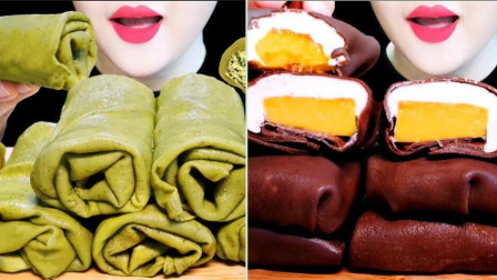 两款经典口味的毛巾卷蛋糕，抹茶和巧克力味，软糯香甜百吃不厌