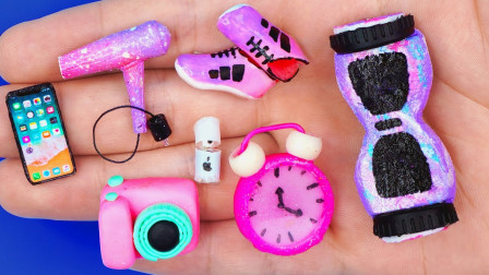 手工制作芭比娃娃小配件：滑板车、照相机和手机