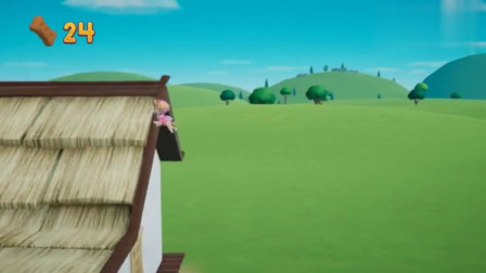 游戏汪汪队出发救援天天打开飞行器飞到茅草屋房顶上，拿到饼干