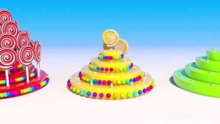 益智动画，棒棒糖组成彩虹蛋糕盘