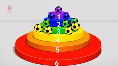 益智动画，卡通足球组成数字彩虹蛋糕盘