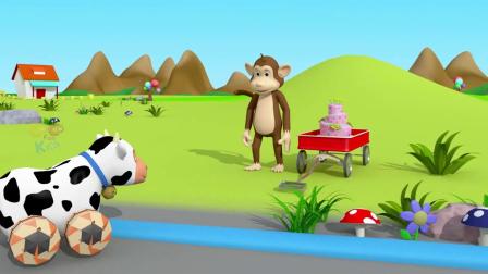 小猴子拉着板车上装着两层蛋糕，分给小猪奶牛狗狗吃学颜色
