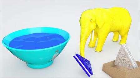 幼儿色彩启蒙3D大象用饼干蘸牛奶吃了变色彩，学习英语！
