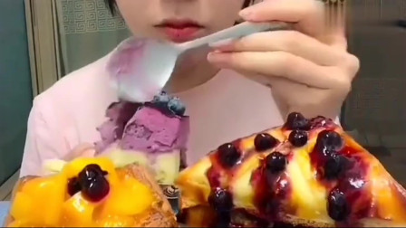 吃播：蓝莓蛋糕熔岩，乳酪奶油糯米糍