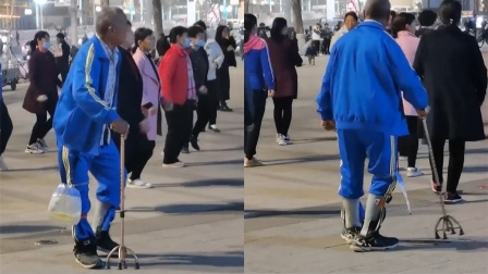 太厉害了！大爷拄着拐杖绑着尿袋，还踩点跟着大妈们跳广场舞！
