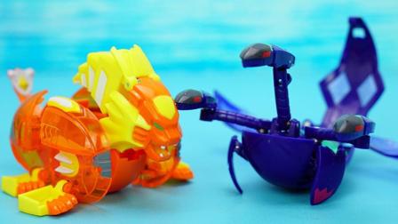 玩具大联萌 爆兽猎人玩具拆装 紫色的地狱三头蛇和橙色的赤铁狮王
