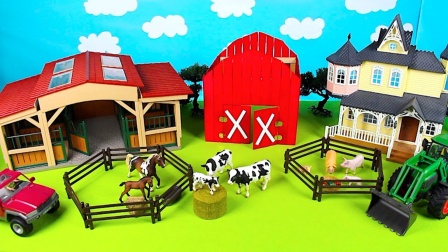 搭建欢乐农场认识小动物奶牛、猪和马