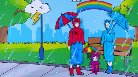 芭比公主换装秀 下雨了，帮助一家人画上雨衣和雨伞