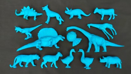 18种蓝色的小动物大集合，排队洗澡，找到恐龙、霸王龙和三角龙