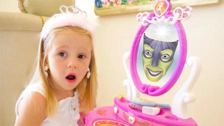 小女孩穿上漂亮的公主裙，询问神奇魔镜谁才是最漂亮的公主！