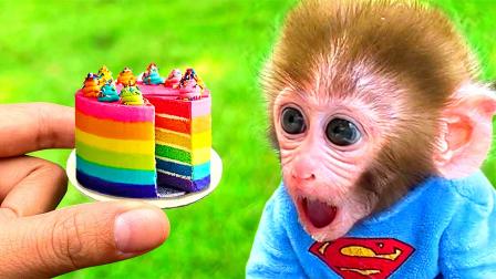 小猴子趣味乐园：小猴子去超市购买蛋糕，选择了一块彩虹千层蛋糕