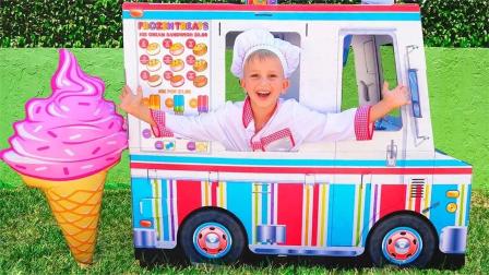 小男孩开了个冰淇淋小餐车，各种口味的冰淇淋你喜欢哪一种呢？