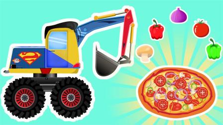 工程车儿童动画挖掘机、卡车摘蔬菜制作披萨认识颜色学习英文单词