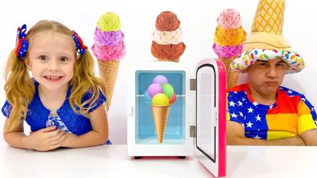 国外小女孩和爸爸使用神奇的冰箱，手工制作水果味的冰淇淋